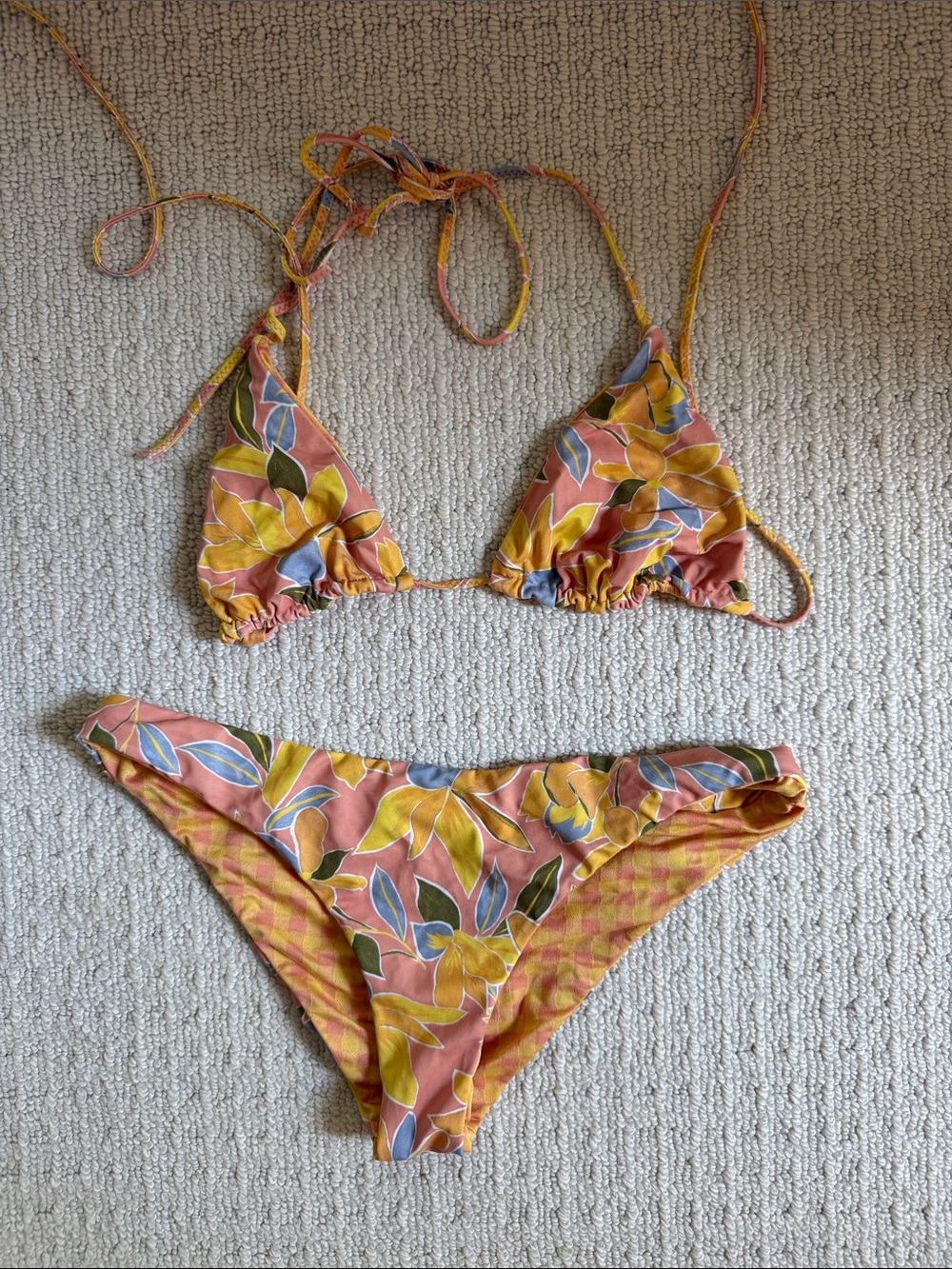 Floral Triangle String Bikini Set in Coral and Mustard